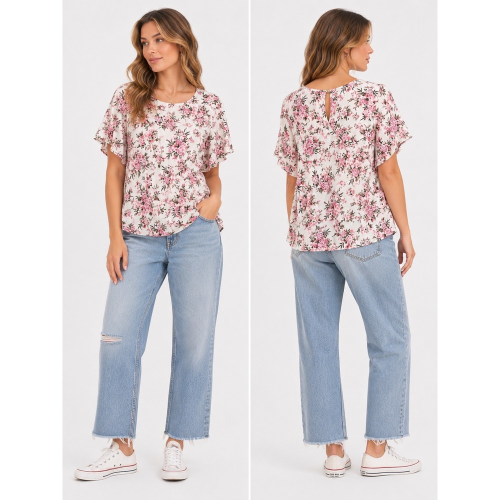 Bobeau Blouse Womens Medium Pink Floral Ruffle Flutter Sleeve Top Cottagecore
